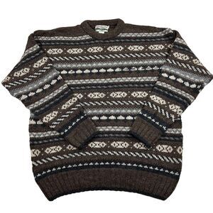 Celtic Country Ireland Wool Knit Sweater Fair Isle Brown Large Heavyweight Ski